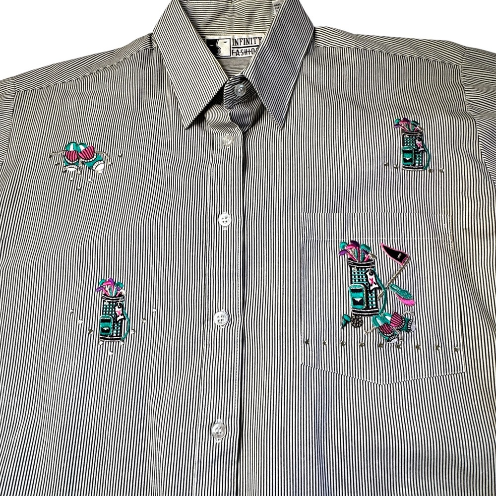 Infinity Fashions Stripe Button Up‎ Shirt Women Large Embroidered Golf Bling VTG